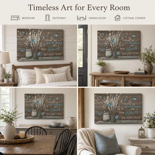 Vista 5 de Arte de pared de lienzo para baño estilo granja, vintage, rústico, país, flor, mariposa azul, pintura, imagen, decoración de pared, Cada día es un