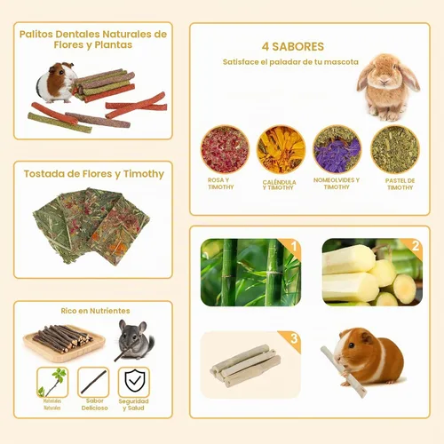 Vista 6 de 70 piezas de conejito de indias masticables, juguetes masticables de hámster Chinchilla para dientes, chips de heno Timothy, palitos para conejillo