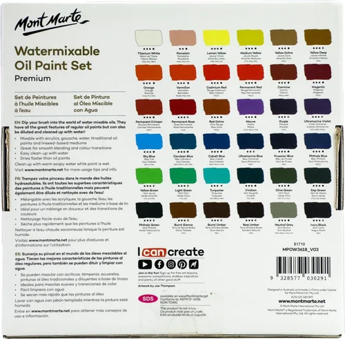Vista 6 de Mont Marte MPOW3618 Pintura al óleo soluble en agua, diluida con agua, 1.2 x 0.6 fl oz (36 colores x 0.6 fl oz), juego de pintura al óleo mezclable