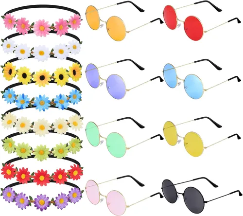 Vista 21 de ONESING 8-20 pares de gafas de sol redondas hippie círculo para mujer, gafas de sol hippie multicolor diadema discoteca fiesta