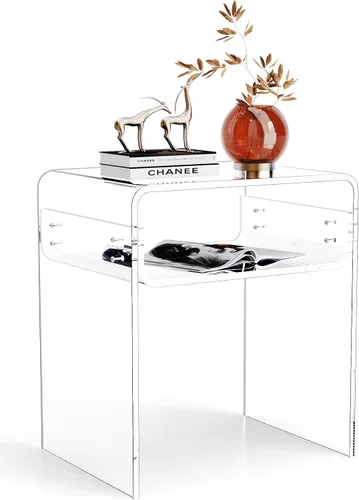 Vista 19 de Mesa auxiliar de acrílico transparente de 2 niveles Mesa de noche para sala de estar, dormitorio, decoración del hogar (Negro)