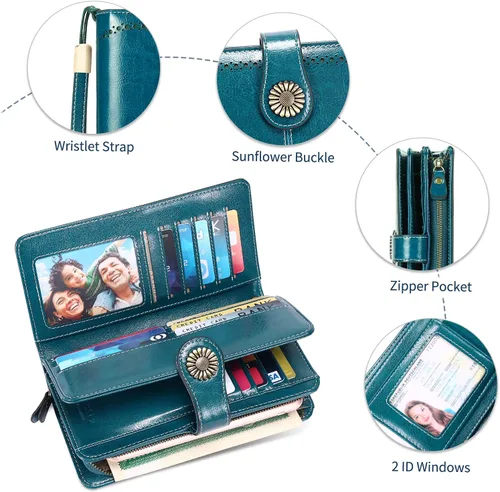 Vista 3 de HUANLANG Cartera grande de cuero para mujer con bolsillo para monedas, organizador de cartera RFID para mujer con correa para muñeca, Estilo 2