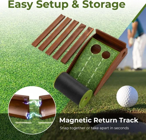 Vista 4 de Alfombrilla de golf para interiores con putter y 5 bolas, juego de devolución automática de bolas, terciopelo mate para el hogar, oficina, patio
