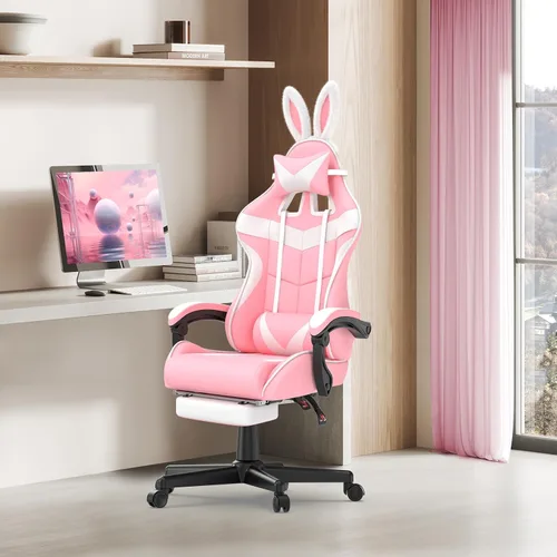 Vista 12 de Soontrans Silla de juegos azul claro con reposapiés, bonita silla de videojuegos de conejo, silla de escritorio Kawaii para nieta, hermana, novia