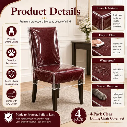 Vista 2 de Paquete de 2 Fundas de Sillas de Plástico, Juego de Fundas Transparentes para Sillas de Comedor, Protector de Asiento Transparente e Impermeable