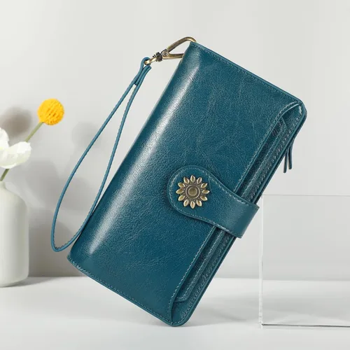Vista 3 de Lavemi Carteras de cuero genuino de gran capacidad con bloqueo RFID para mujer, tarjetero con correa para la muñeca