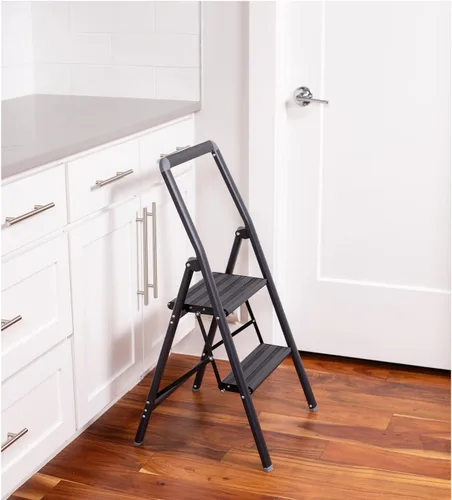 Vista 6 de BIRDROCK HOME Escalera delgada de aluminio de 2 escalones, taburete plegable delgado y resistente, escalones antideslizantes, ideal para tu cocina