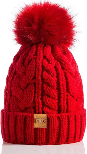 Vista 9 de Redess Gorro de invierno con pompón y forro polar cálido, grueso y holgado, tejido, para la nieve, para esquiar, para mujer Beige
