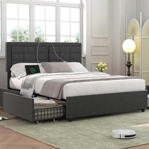 Vista 22 de VECELO Base de cama tamaño matrimonial, cabecera tapizada ajustable con botones, marco de cama resistente con soporte de listones de madera,