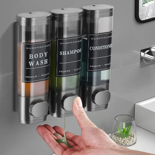 Vista 6 de Shampoo and Conditioner Dispenser 3 Chamber Shower Dispenser No Drill Gray