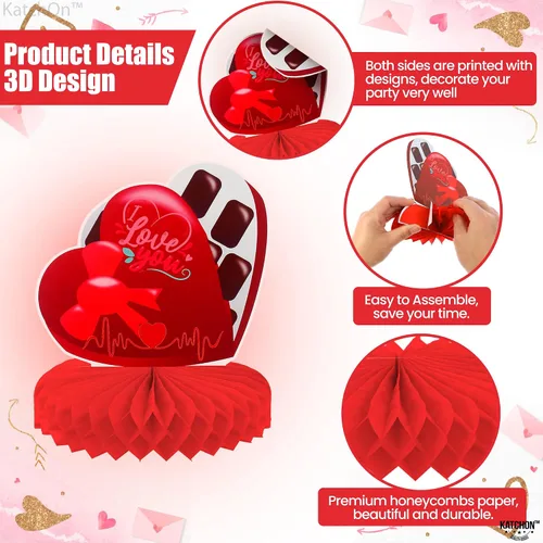 Vista 3 de KatchOn Centros de mesa rojos de San Valentín para mesas, paquete de 9 Centro de mesa de panal de San Valentín 3D, decoraciones de mesa