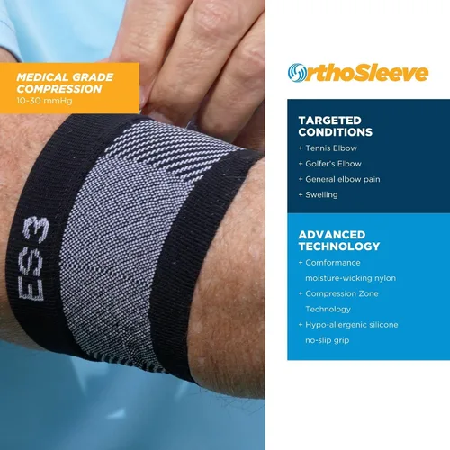 Vista 3 de OrthoSleeve Codera ES3 diseñada para prevenir y revivir el dolor asociado con codo de tenista, codo de golfista, dolor general de codo y dolor