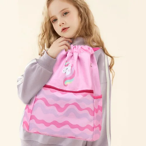 Vista 6 de Ryushoyo Bolsa impermeable con cordón para gimnasio, mochila deportiva para hombres, mujeres, niñas y niños, Unicornio Wave Rosa