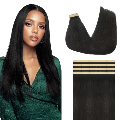Vista 14 de Extensiones de cabello Lashey de 14 pulgadas; extensiones de cabello humano real lacio color negro azabache con trama adhesiva para mujeres, 20