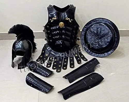 Vista 4 de THOR INSTRUMENTS Casco medieval de Aquiles Troy, armadura, chaqueta muscular, protector de brazos y piernas, escudo espartano, rústico, vintage