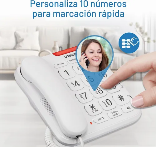 Vista 3 de Teléfono con cable VTech SN1107 con botones sobredimensionados de alto contraste, dígitos parlantes para personas mayores, marcación rápida de 10
