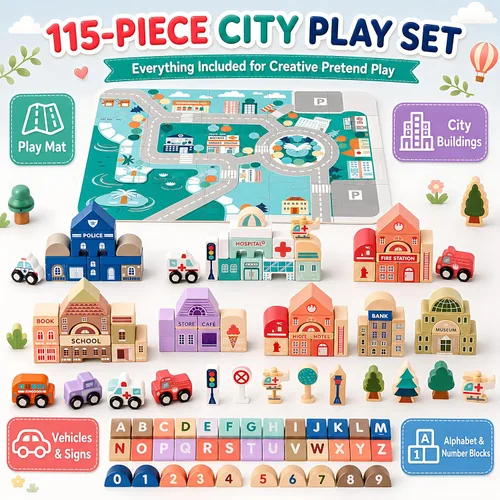 Vista 5 de Juego de bloques de construcción de madera, apilador de construcción de ciudad, juguetes educativos de aprendizaje preescolar, juguetes para niños