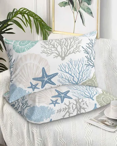 Vista 39 de DecorLovee Juego de 2 fundas de almohada de playa de verano, tamaño estándar, material de microfibra, oceánico, costero, aguamarina, beige, funda