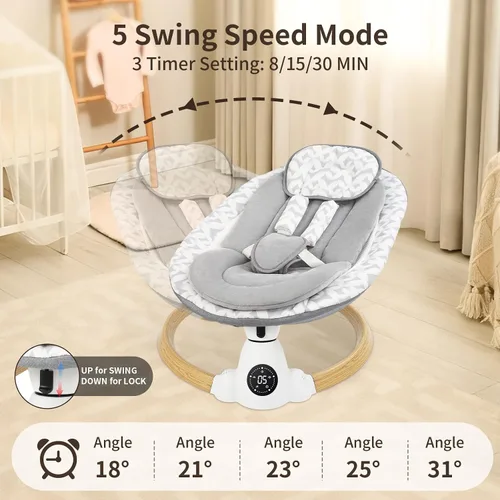 Vista 2 de Columpio para bebés con 5 velocidades de oscilación, columpio eléctrico portátil para bebé con Bluetooth, panel táctil, arnés de 5 puntos, uso