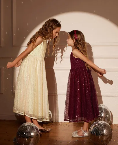 Vista 3 de GRACE KARIN Vestido de fiesta de lentejuelas para niñas, sin mangas, brillante, elegante, acampanado, maxi vestidos de 5 a 12 años