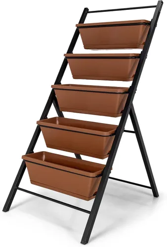 Vista 9 de Giantex Maceta vertical elevada, camas de jardín elevadas con orificio de drenaje de agua, cajas independientes de 5 contenedores para cultivo