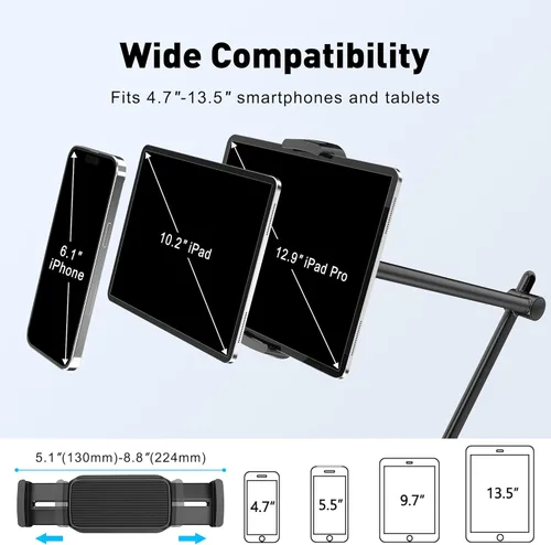 Vista 3 de AboveTEK Soporte para Tablet para Escritorio y Cama, Brazo de Aluminio para iPad con Abrazadera Giratoria de 360°, Soporte para Teléfono Ajustable