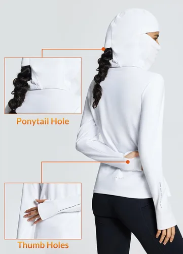 Vista 5 de BALEAF Camisas térmicas de manga larga para mujer, ropa de invierno, cuello redondo, cálido, forro polar, capa base con pasamontañas y agujeros