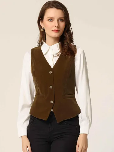 Vista 2 de Allegra K Chaleco de terciopelo steampunk para mujer, sin mangas, con botones, cuello en V, chalecos de traje