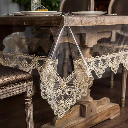 Vista 16 de ARTABLE Mantel rectangular de vinilo de PVC, impermeable, transparente, con borde de macramé de encaje champán, para boda, cocina, hogar