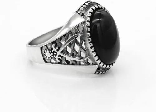Vista 2 de Anillos vintage de plata de ley 925 maciza para hombre, anillos de piedra de ónix negro, plata tailandesa, joyería de estilo punk turco para hombre