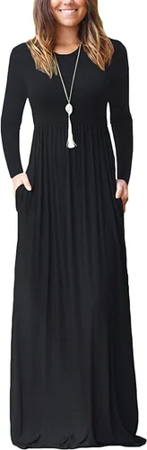 Vista 19 de Vestido de manga larga para mujer, holgado, liso, largo, estilo informal, con bolsillos. 01-verde militar