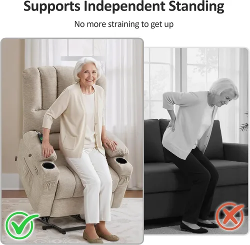 Vista 5 de MCombo Silla reclinable grande para personas mayores, silla elevadora con calor y masaje, 3 posiciones, puertos de carga USB, portavasos, tela 7099