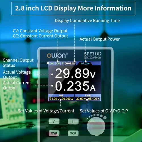 Vista 3 de OWON SPE3102 Fuente de alimentación programable de laboratorio (0-30V 0-10 A), fuente de alimentación CC de banco de 200 W con pantalla LCD de 2.8