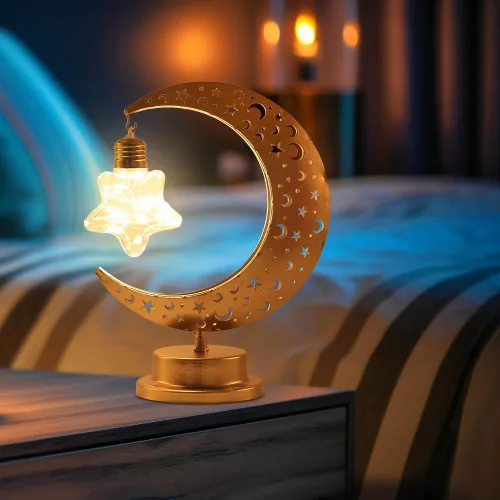 Vista 9 de Decoración de Ramadán, luces de Ramadán de luna y estrella para mesa, decoraciones de Ramadán para el hogar, interior y exterior, lámpara de luna