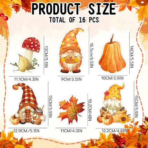 Vista 2 de Whaline 16 imanes de gnomo de otoño para refrigerador, calcomanías de imanes de nevera de otoño, hojas de arce, calabazas, forma de gnomo