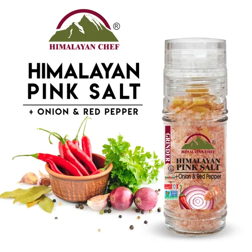 Vista 2 de Himalayan Chef Cebolla y pimiento rojo con sal del Himalaya, molinillo de vidrio, 3.5 onzas, cebolla asada (5327C)