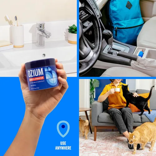 Vista 4 de Ozium Gel eliminador de olores, alternativa al ambientador de 4.5 onzas para humo, mascotas y olores a humedad, removedor de olores de larga