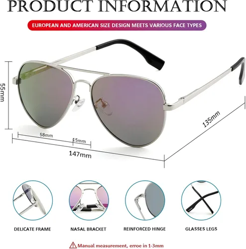 Vista 7 de PORADAY - Lentes de sol polarizados para hombres y mujeres con estilo aviador armazón de metal 100 protección UV400 58 mm