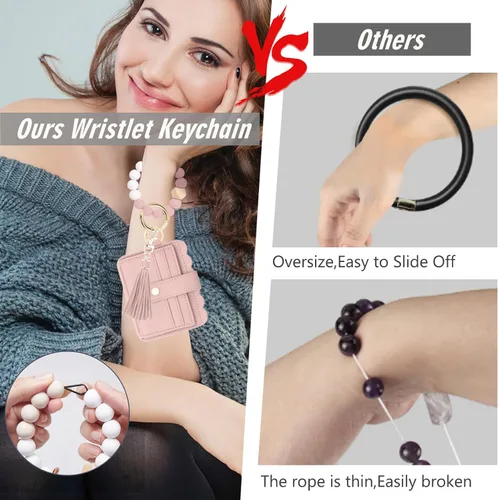 Vista 5 de KNGITRYI Cartera llavero pulsera para mujer, delgado RFID tarjeta de crédito, monedero, borla llavero brazalete para hombres y mujeres, Rosado