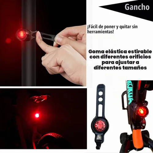 Vista 3 de 2 luces traseras para bicicleta, mini luces LED con correa, visibilidad de 180 grados, seguridad en todos los lados