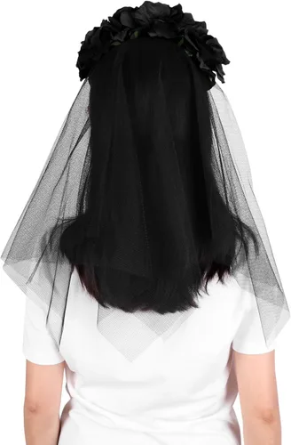 Vista 6 de HAOZAIKEJI Halloween Fantasma Novia Velo Floral Corona Tocado Muerto Zombie Headwear Bruja Negro Encaje Corona Fiesta Fantasía
