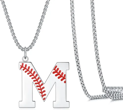 Vista 19 de VEEHOO Collar de béisbol para hombres y niños, letra inicial de la A a la Z, joyería de béisbol con colgante de joyería de béisbol para niños
