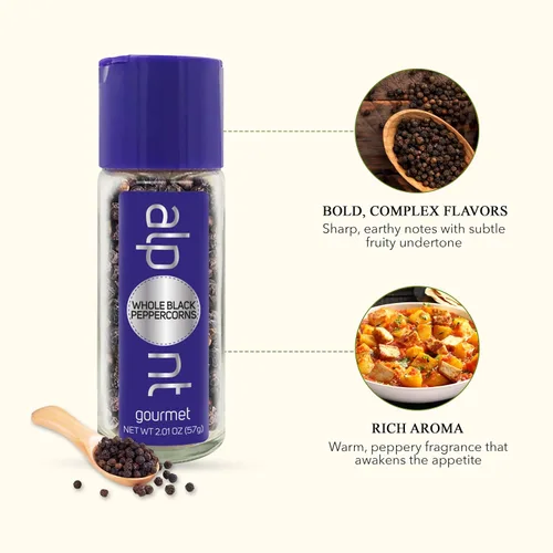 Vista 3 de ALPONT GOURMET Whole Black Peppercorns - Whole Peppercorns for Grinder Refill - Ideal for BBQ, Curries, Spice Blend, Meat & Seafood - 2.01oz