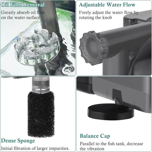 Vista 8 de Filtro de acuario para colgar de 5 W: filtro ultra silencioso para tanque de peces de 124 GPH con esponja de filtro y carbón activado, filtro