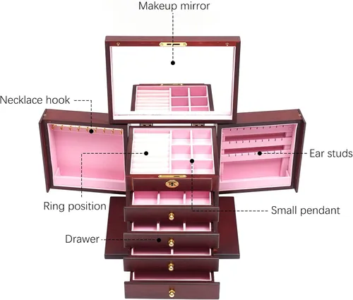 Vista 2 de YIYIBYUS Joyero de madera de 5 capas para mujer con espejo vintage caja de almacenamiento organizador de regalo gabinete de regalo