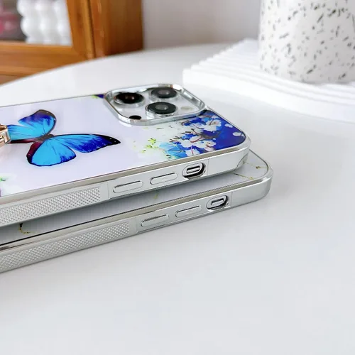 Vista 2 de Funda para iPhone 14 Pro Max con soporte de anillo, soporte híbrido plateado TPU parachoques con parte trasera dura patrón floral funda protectora