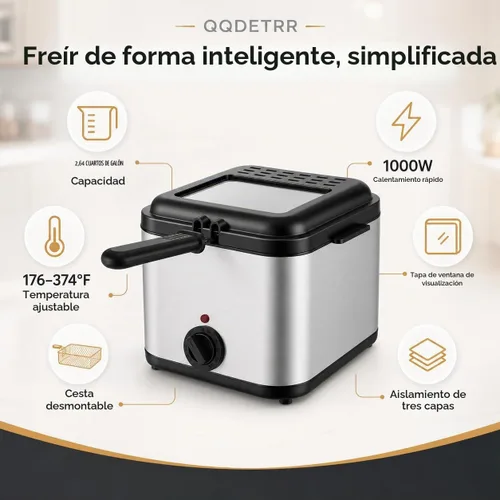 Vista 3 de Freidora profunda de 1000 W con canasta, freidora eléctrica de acero inoxidable de 2.64 cuartos de galón para uso doméstico, freidora