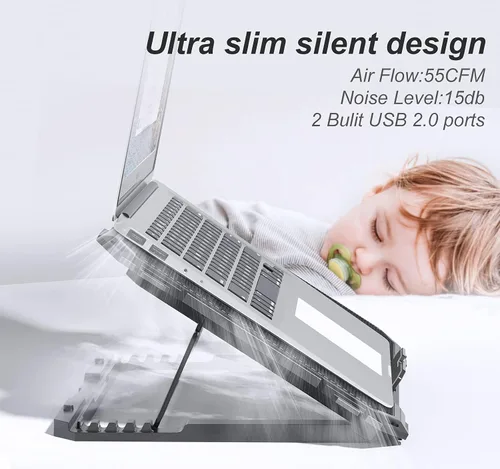 Vista 4 de KYOLLY Alfombrilla de refrigeración mejorada para laptop, enfriador de laptop para juegos con 5 ventiladores silenciosos, 2 puertos USB, 5 alturas