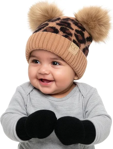 Vista 28 de Funky Junque Conjunto de gorro y mitones con doble pompón de pelo sintético para bebé – Gorro de invierno para recién nacidos de 0–9 meses