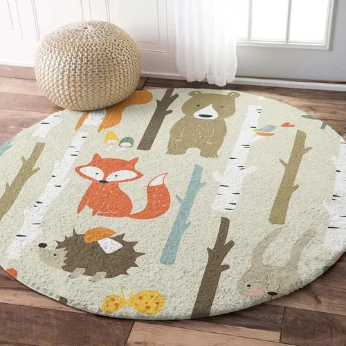 Vista 5 de Alfombra de área de 5 pies para interior, redonda, diseño de dibujos animados, conejo, oso, zorro, bosque, alfombra lanuda para niños, habitación